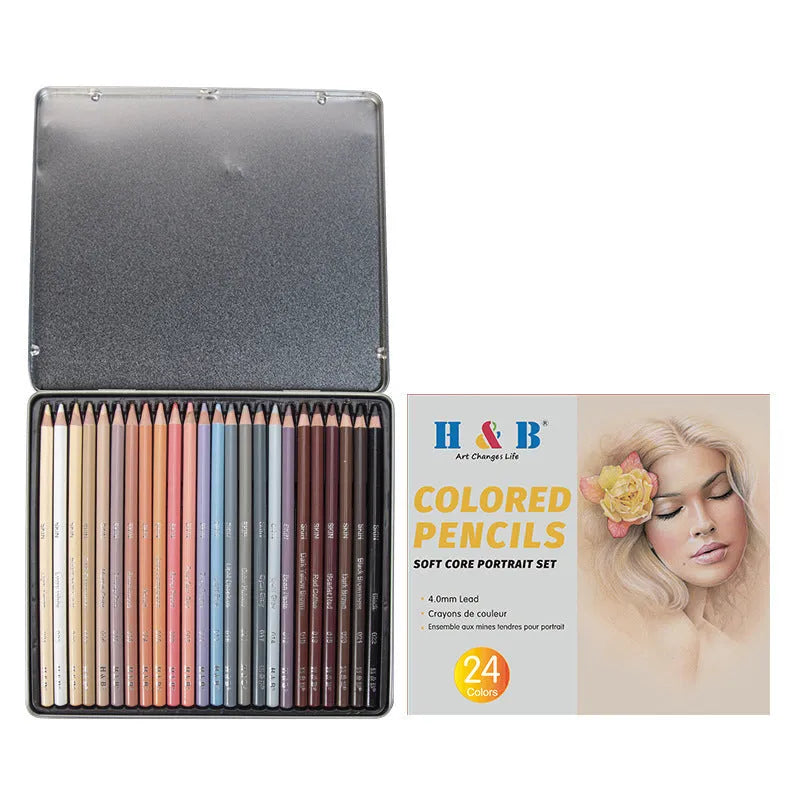 24 skin colour pencils for portrait artwork in round brush pot iron storage box