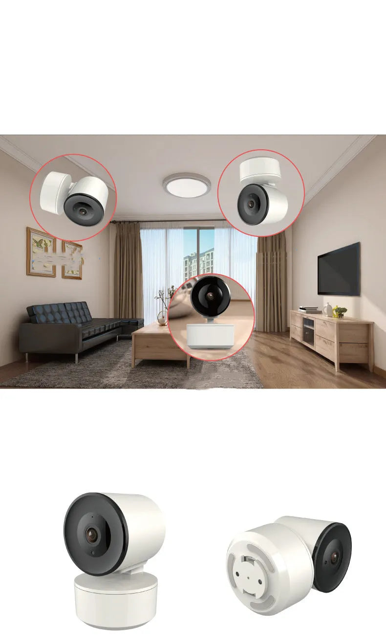 Indoor smart WiFi security camera with pan-tilt base on a desktop.