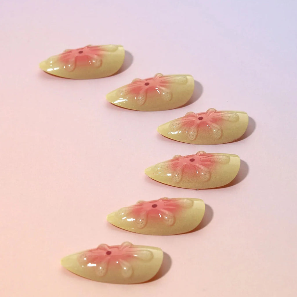 Cartoon floral false nails set with 3D flower designs and wearable armour elements in colour TY-318