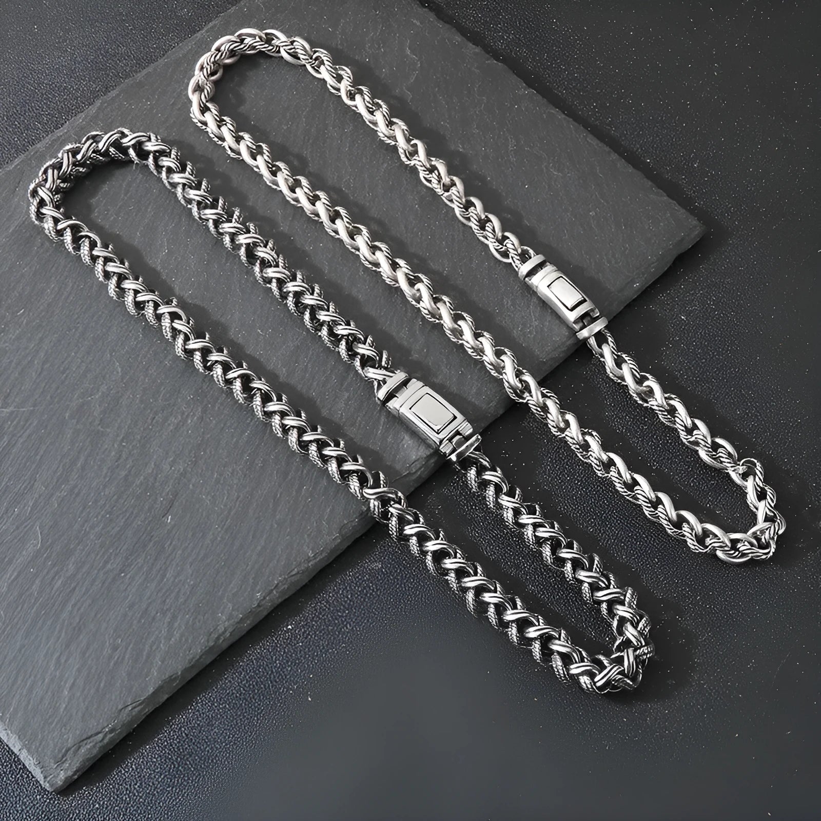 Men's antique silver keel chain necklace with geometric titanium steel links and hemp flower design