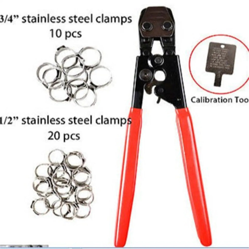 Red PEX single ear clamp set with metal construction and carbon steel cutting edge