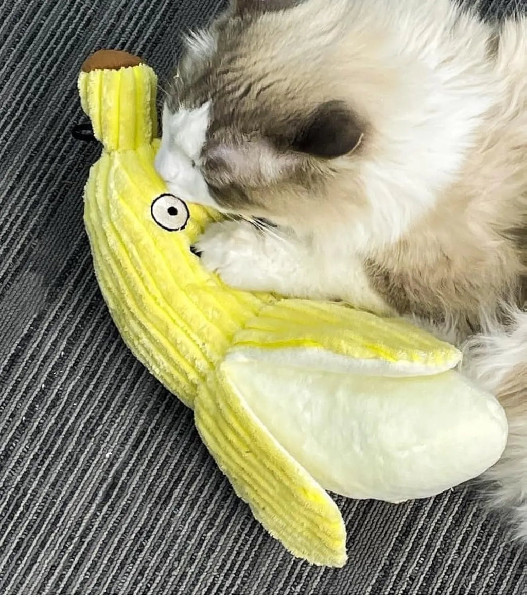 Yellow banana-shaped cat toy measuring 13 inches with plush fabric and crinkle paper sound feature