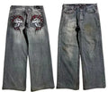 Men's grey wide-leg jeans with straight cut and retro washed-out denim finish