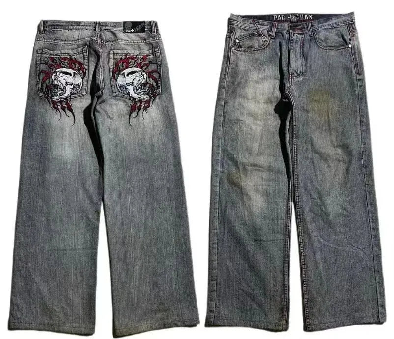 Men's grey wide-leg jeans with straight cut and retro washed-out denim finish