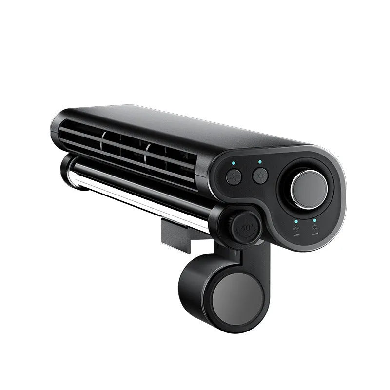 Black USB-powered bladeless clip-on fan attached to laptop screen with integrated LED lighting
