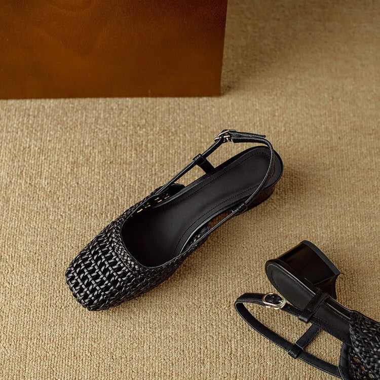 Women's beige woven closed toe sandals with square head and buckle strap
