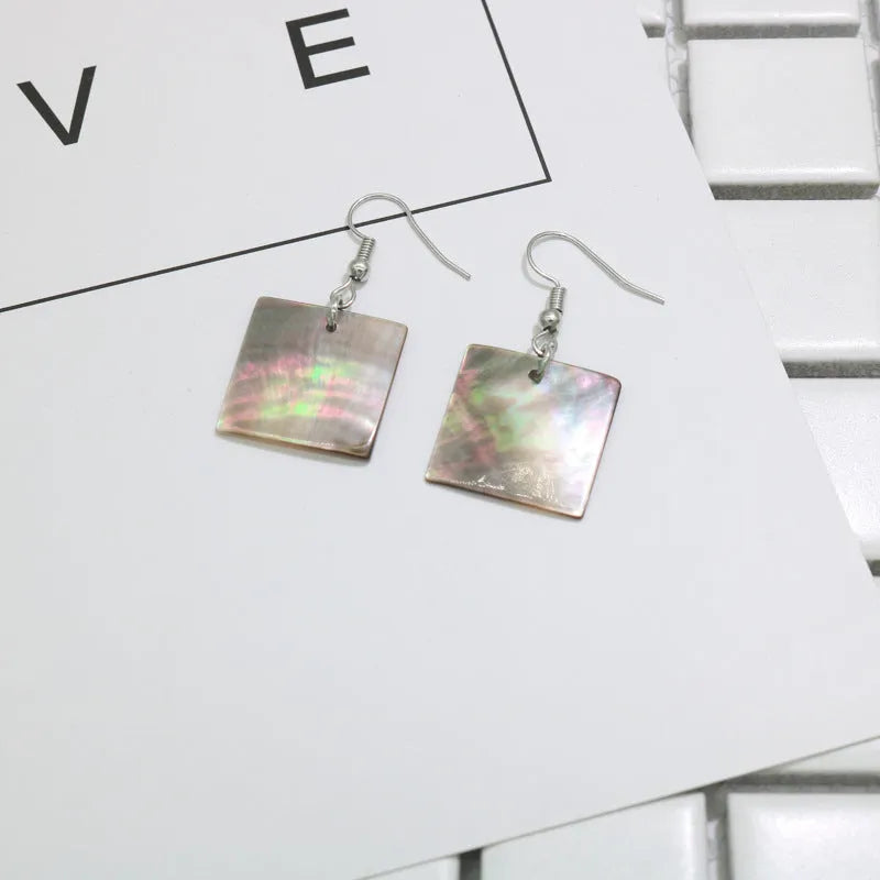 Women's geometric shell earrings in square or rectangular designs with natural patterning