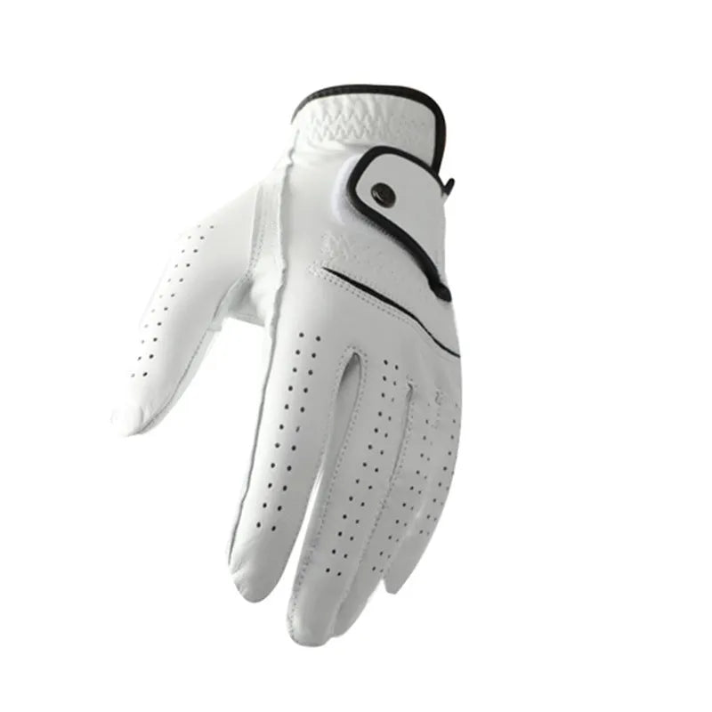 White men's golf glove with half sheepskin palm and non-slip grip design