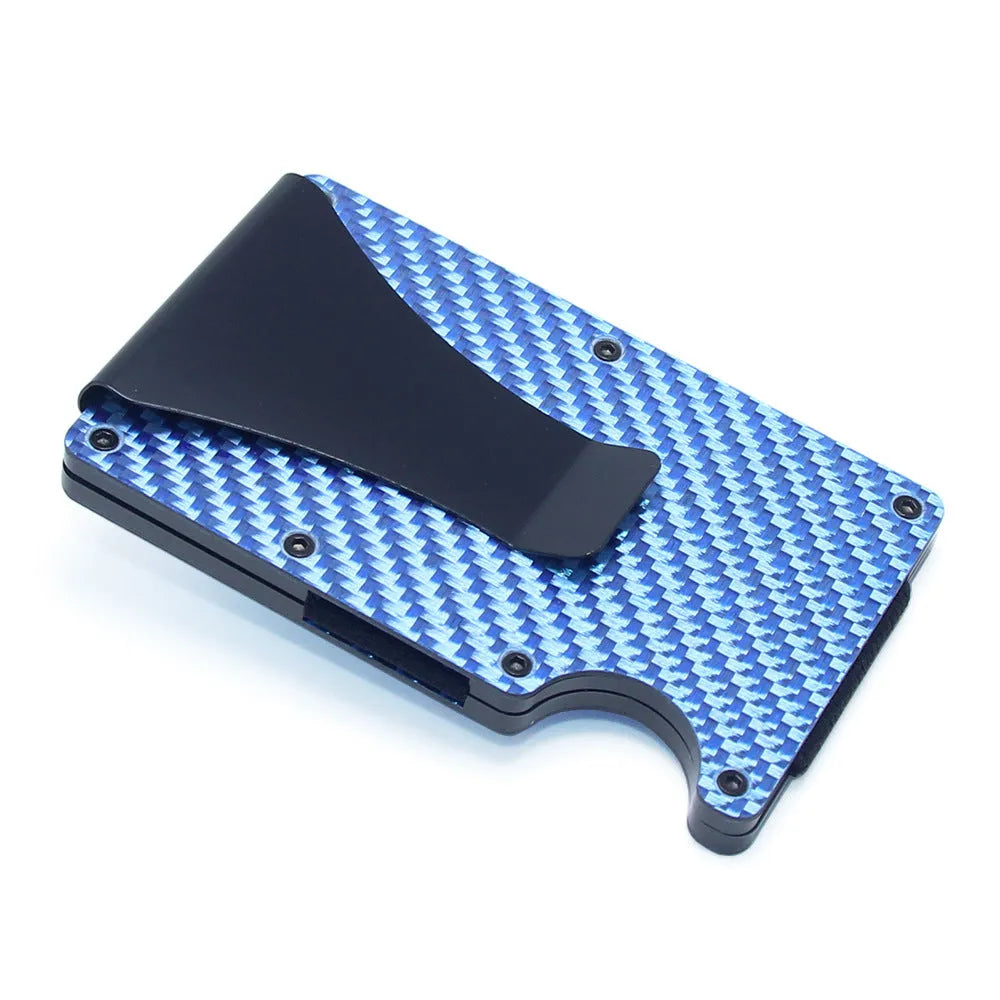 Carbon fibre geometric wallet card holder showing 8mm thickness holding multiple bank cards