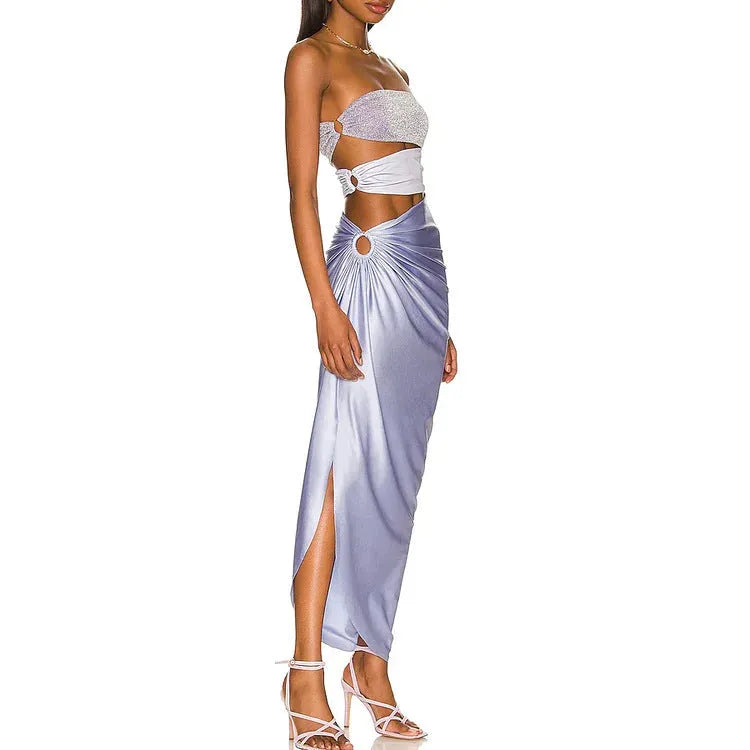 Purple one-piece swimsuit with matching wrap skirt made from quick-drying polyester fabric