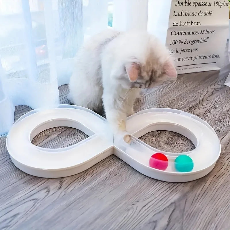 Blue and white cat turntable track ball toy with rotating ball stick for self-play.