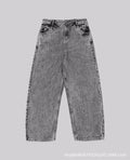 Grey loose straight-leg cotton denim trousers with mid waist design on hanger