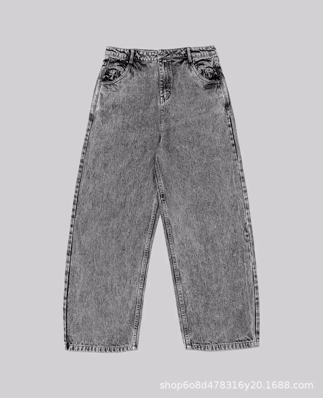 Grey loose straight-leg cotton denim trousers with mid waist design on hanger