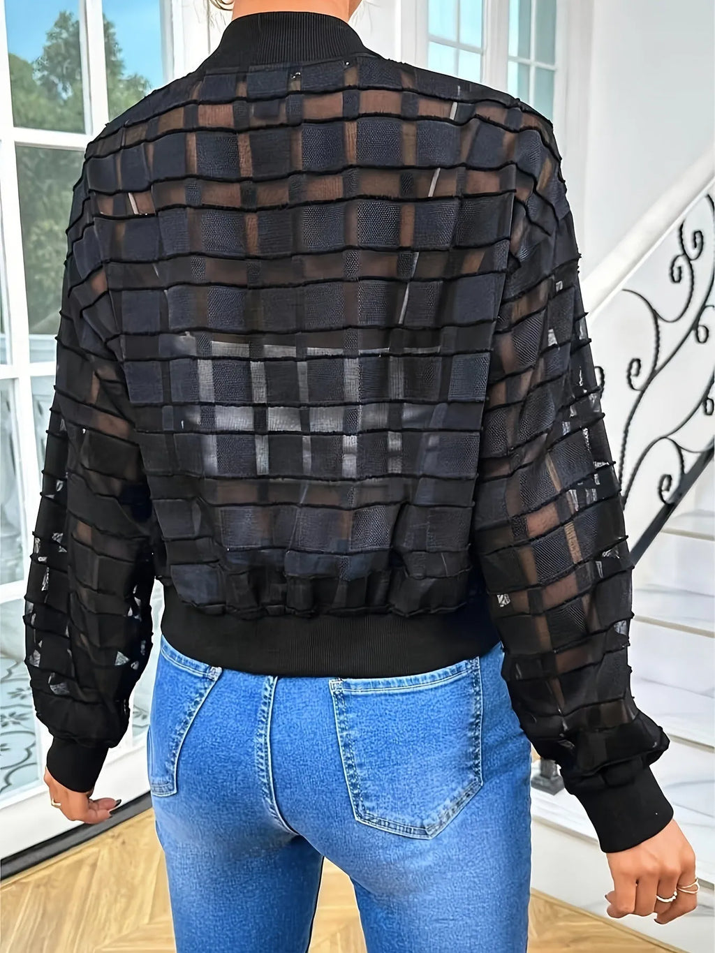 Women's black semi-transparent jacket with geometric pattern, long sleeves, casual style