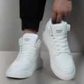 Men's solid white round-toe casual lace-up shoes with a microfiber upper.