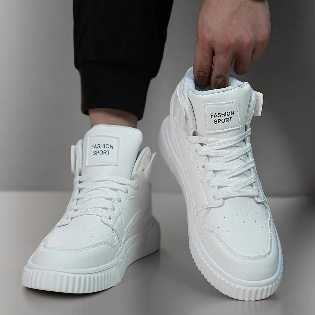 Men's solid white round-toe casual lace-up shoes with a microfiber upper.