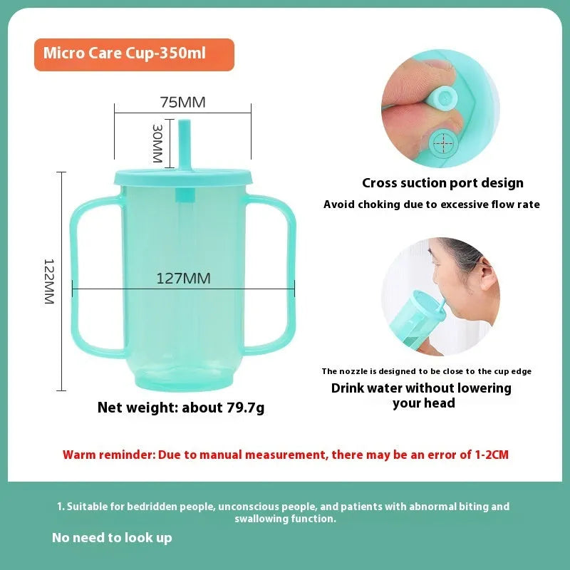 White PP plastic bedside drinking cup with slanted choke-proof spout, handle, and a blue lid