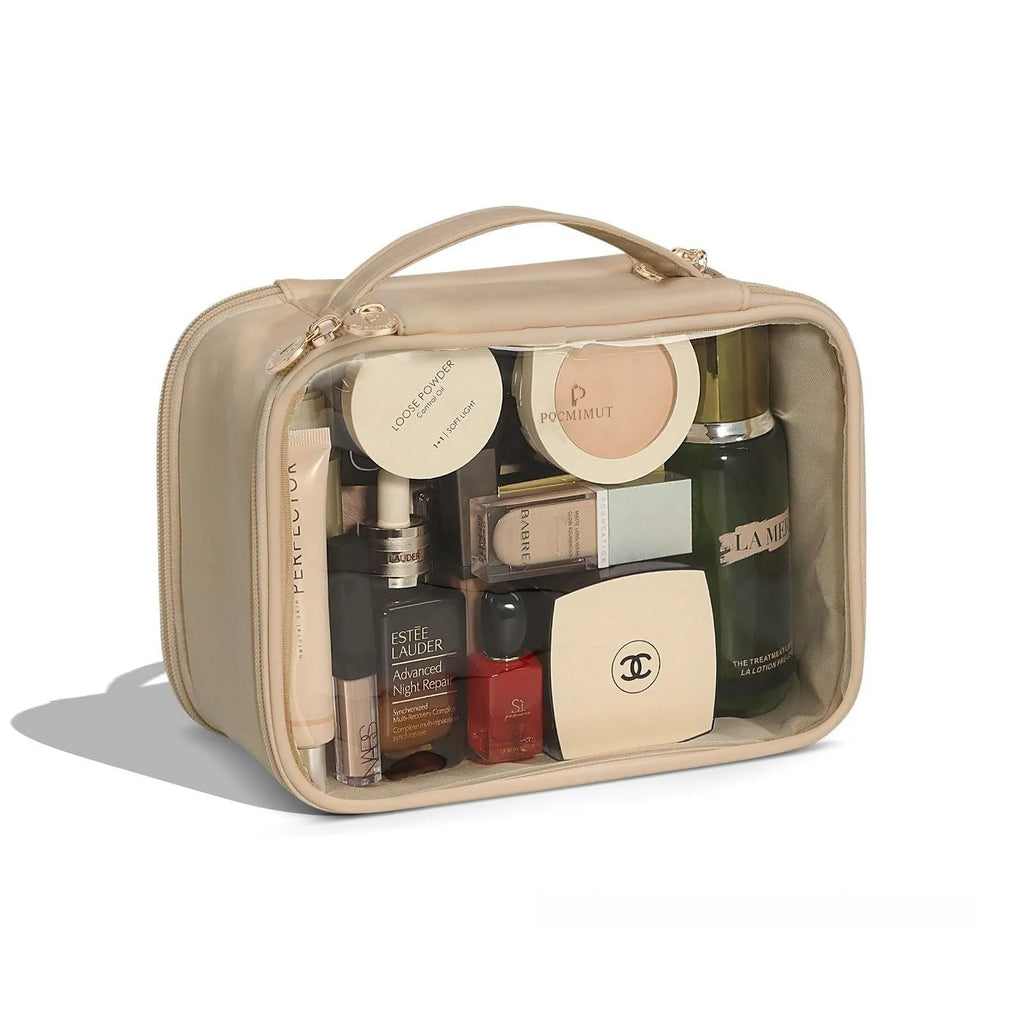 Transparent PVC cosmetic bag showing contents through clear material with dry-wet separation compartments