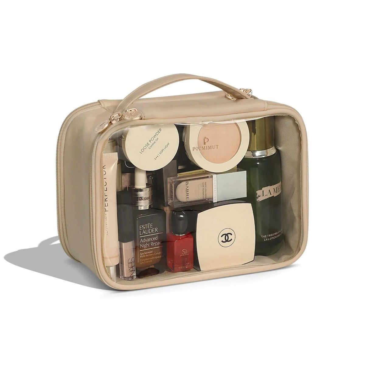 Transparent PVC cosmetic bag showing contents through clear material with dry-wet separation compartments