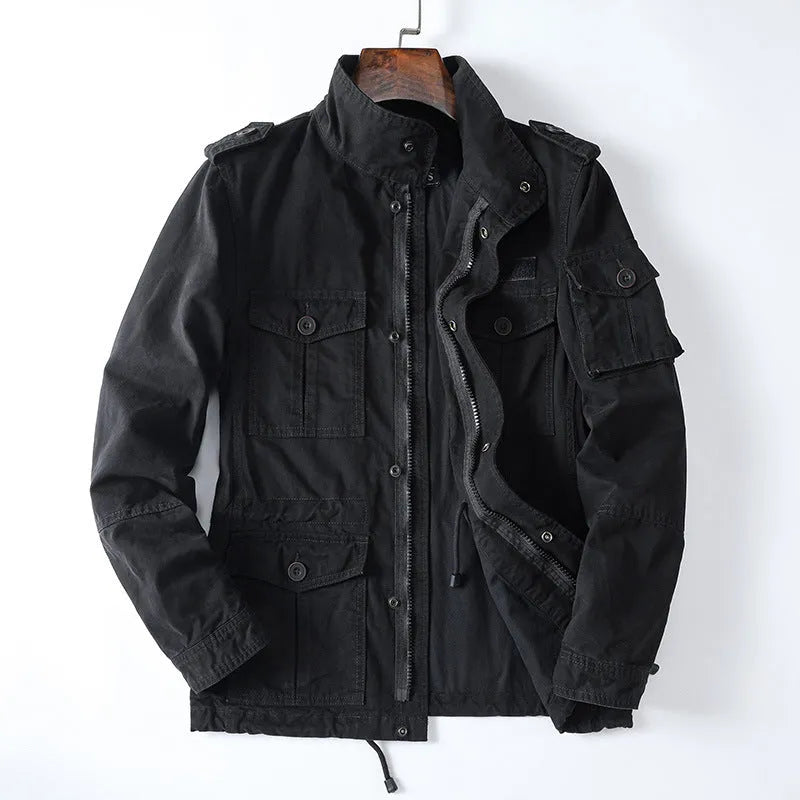 Men's loose-fit casual cotton zip-up jacket in light brown colour, retro style.