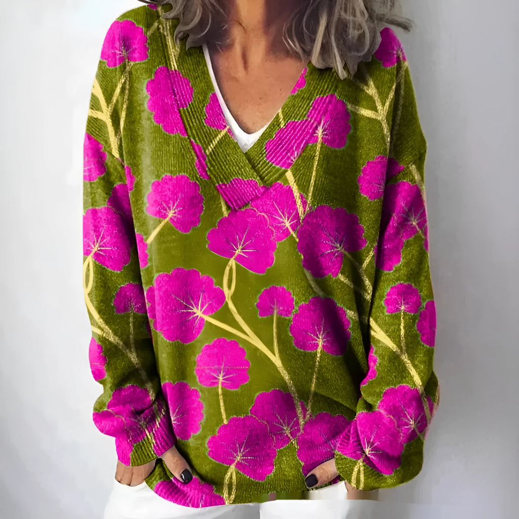 Women's V-neck long sleeve sweatshirt with a white-based 3D floral print pattern.
