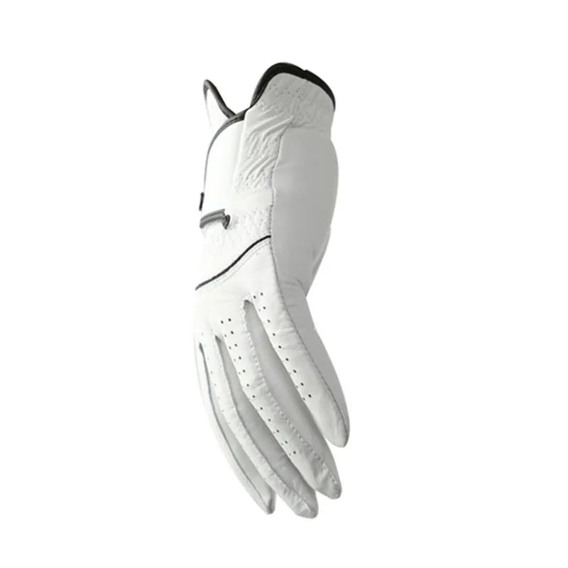White men's golf glove with half sheepskin palm and non-slip grip design