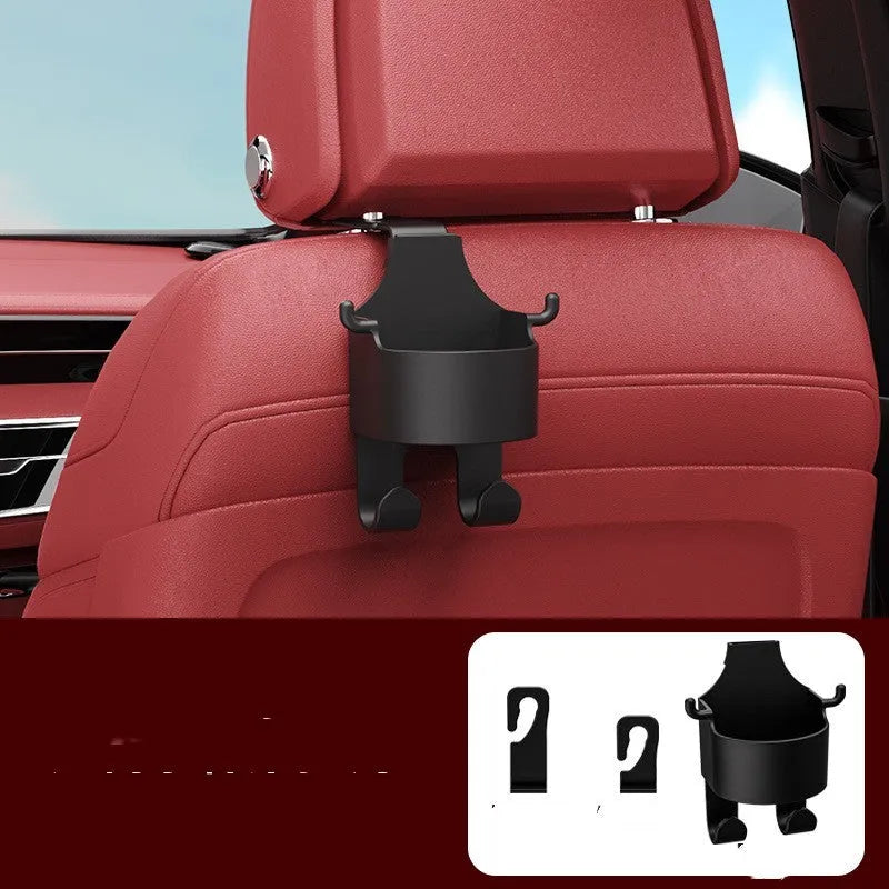 Black plastic car hook seat back accessory with cup holder and hook functions