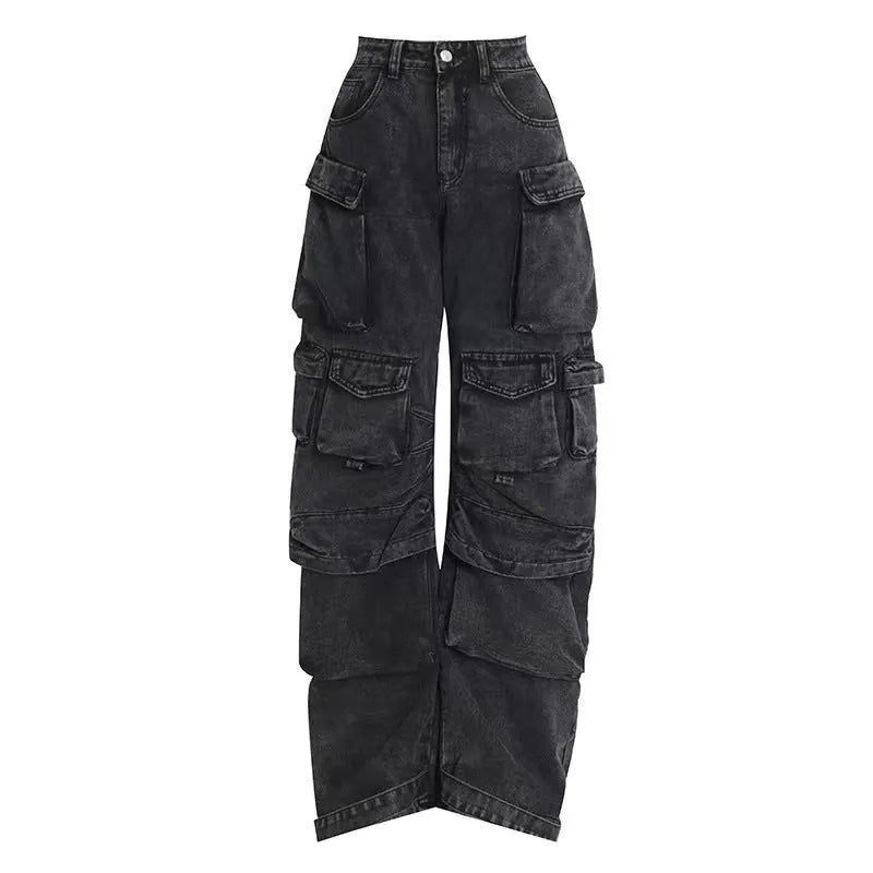 Women's high waist wide leg denim trousers with multiple pockets in street hipster style
