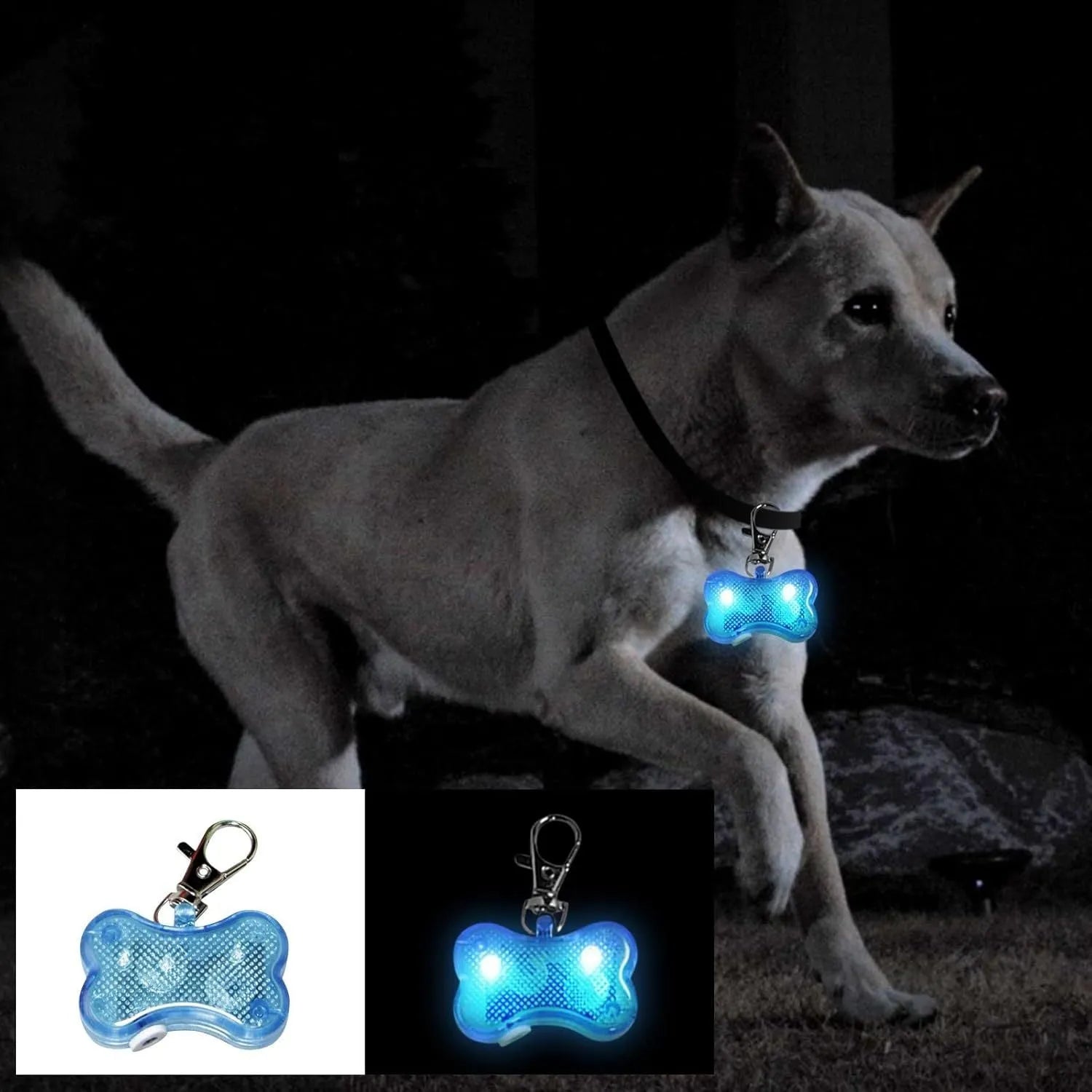 Plastic bone-shaped LED light pendant for attaching to a pet dog or cat collar.