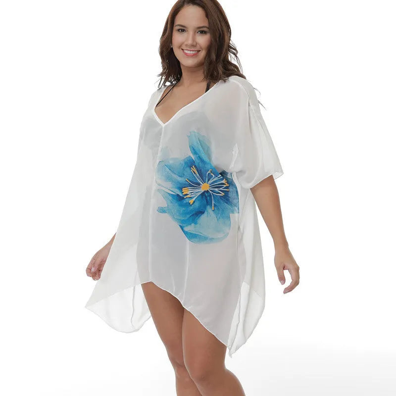 White long sleeve plus size beach cover-up blouse, loose fit kimono style, on a mannequin.