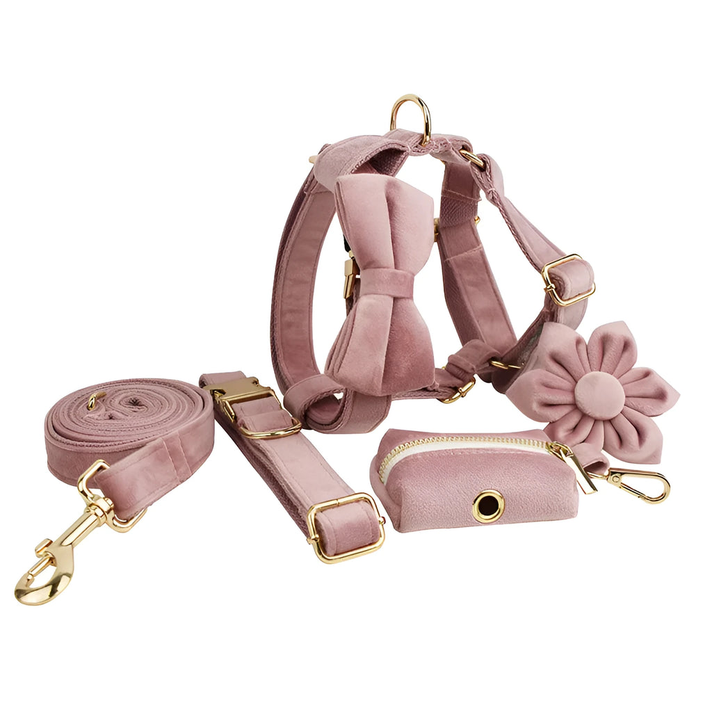 Light purple pink velvet dog collar with matching accessories including leash and vest