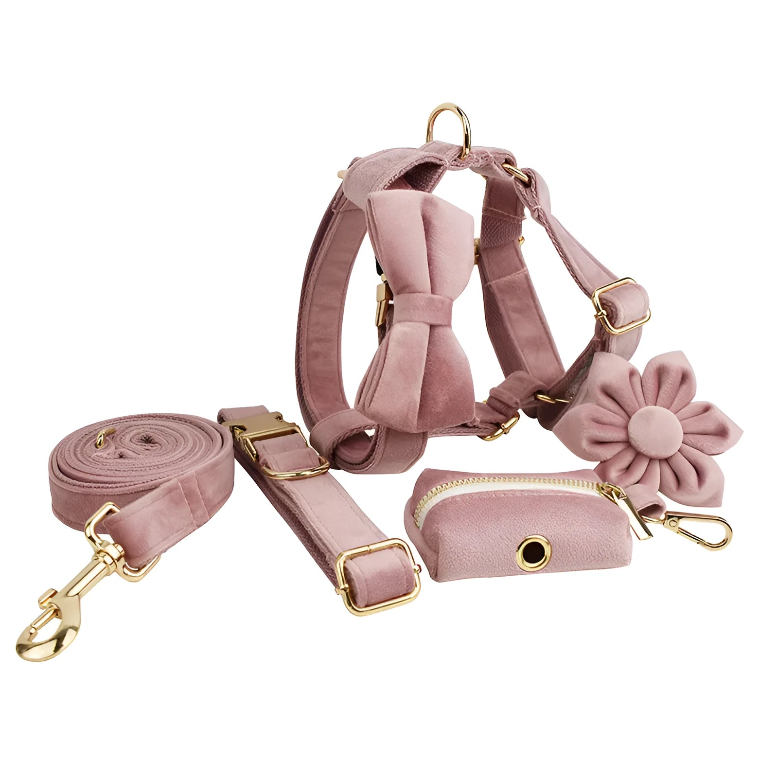 Light purple pink velvet dog collar with matching accessories including leash and vest