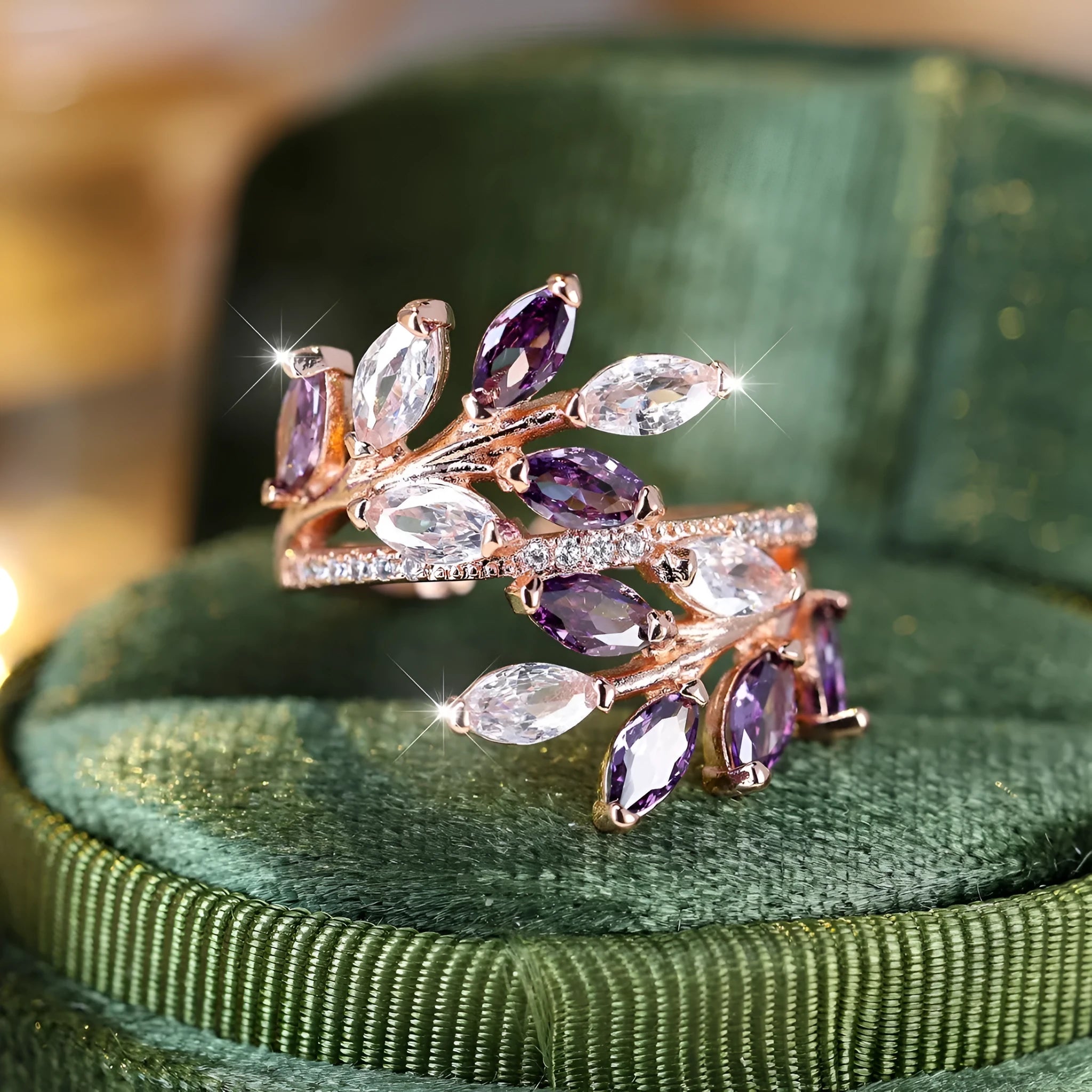 Adjustable copper leaf ring with zircon accents in multiple colour finishes including platinum white and rose gold