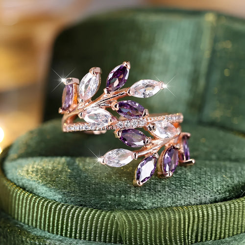 Adjustable copper leaf ring with zircon accents in multiple colour finishes including platinum white and rose gold