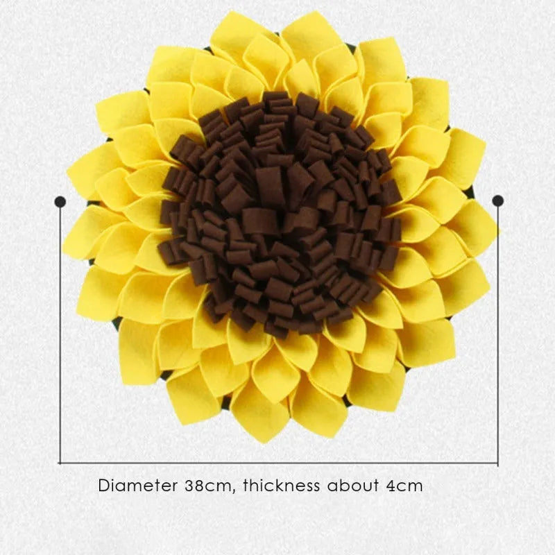 Yellow sunflower shaped dog snuffle mat with fleece petals for treat hiding games