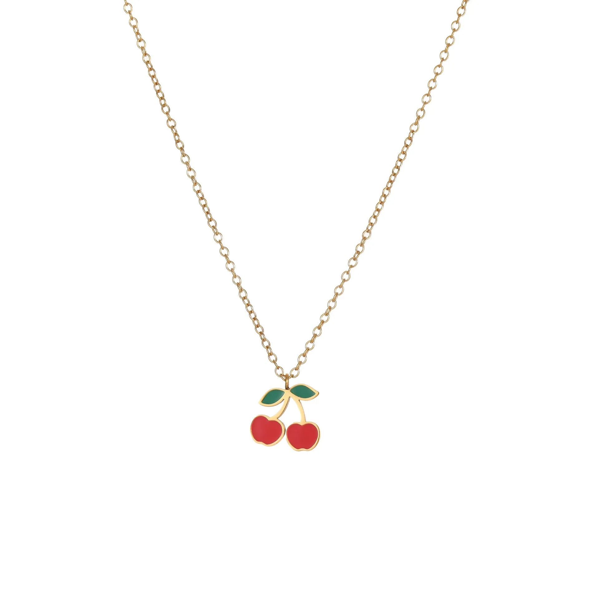 Cherry design stainless steel necklace, bracelet, earrings, and ring set with 18K electroplated finish.