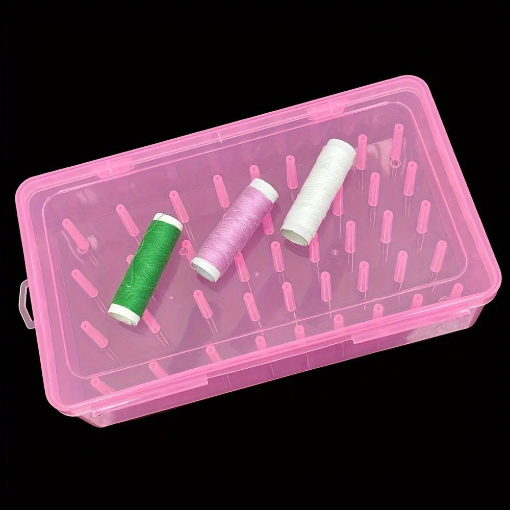Plastic sewing storage box with 42 positions for embroidery thread spools in transparent, pink, or blue