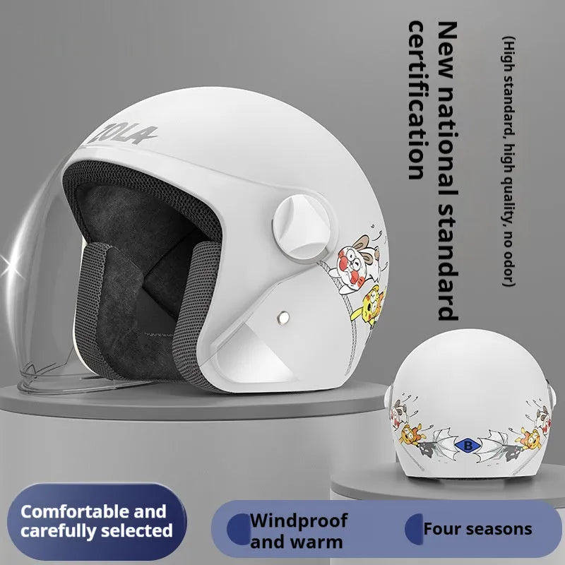 Blue winter electric bicycle helmet with attached ear scarf and a clear anti-fog visor.