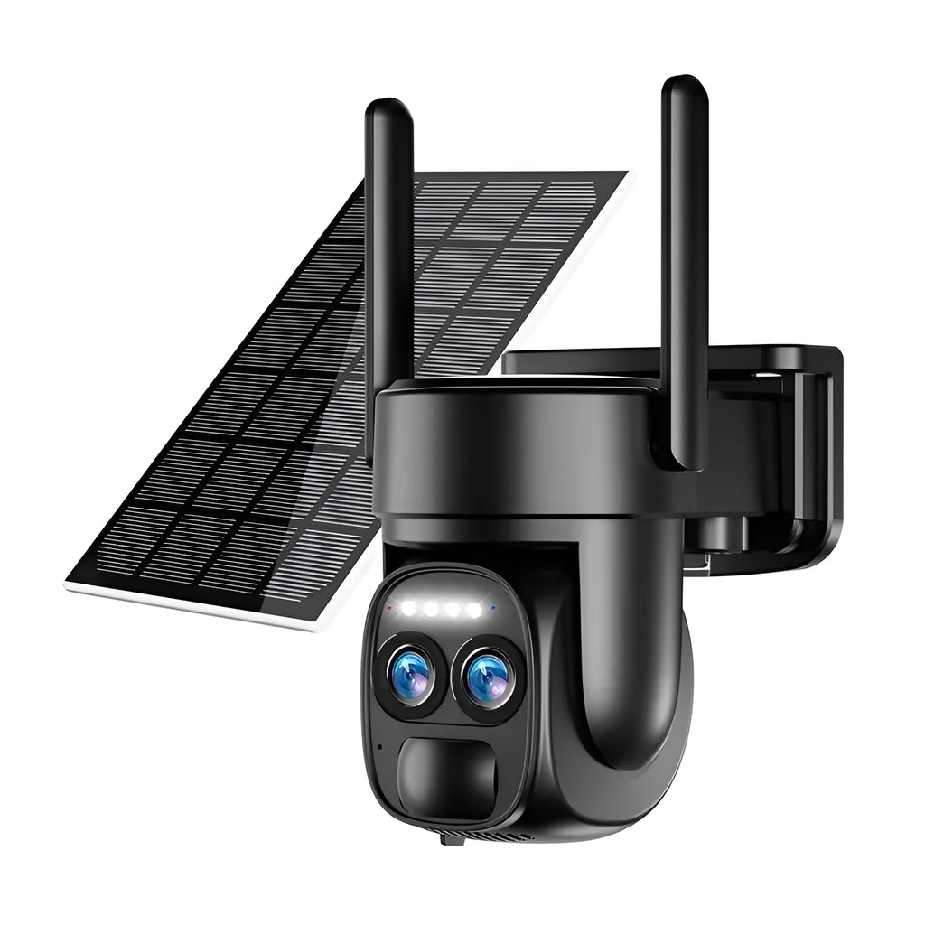 Solar powered outdoor security camera with 8x zoom lens and weather-resistant housing for continuous surveillance