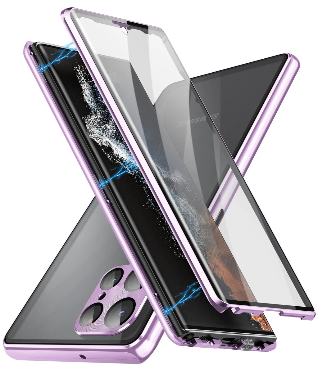 Magnetic mirror phone case with peep-proof screen for Samsung Galaxy S24 Ultra in black, showing magnetic backplate.