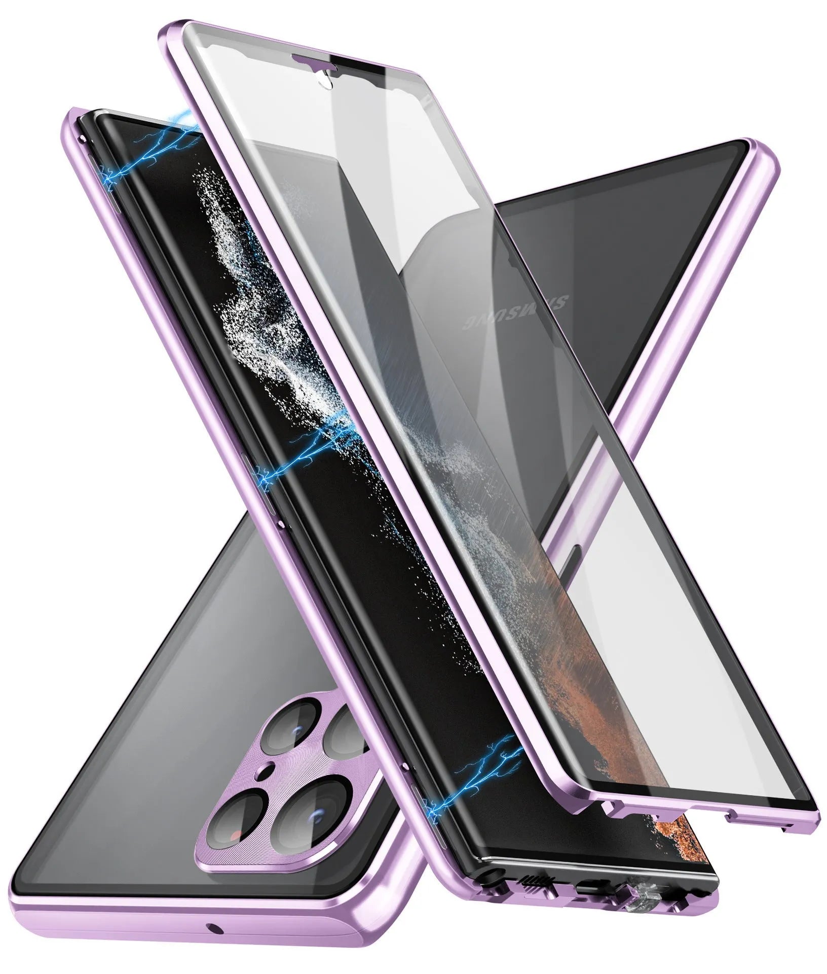 Magnetic mirror phone case with peep-proof screen for Samsung Galaxy S24 Ultra in black, showing magnetic backplate.