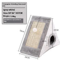 Grey and white triangle sisal scratching post for cats on a wooden floor.