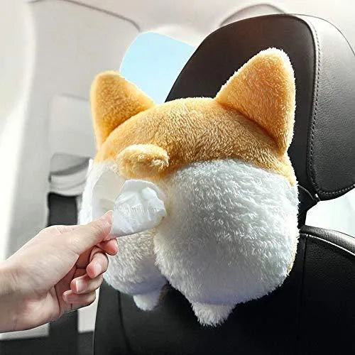 Yellow corgi butt shaped soft tissue box cover with elastic hanging loop.