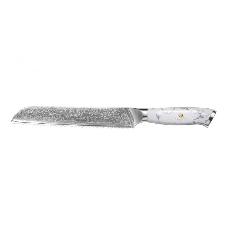 Damascus pattern chef's knife with a 21cm VG10 steel blade on a dark background.