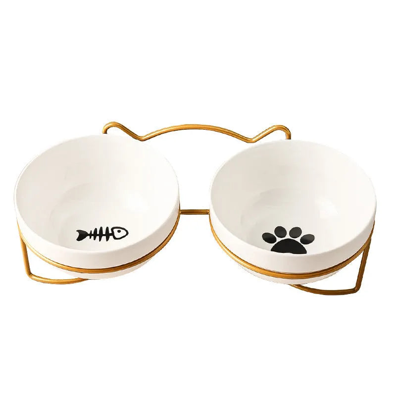 Ceramic pet bowl with iron frame featuring cat footprints pattern