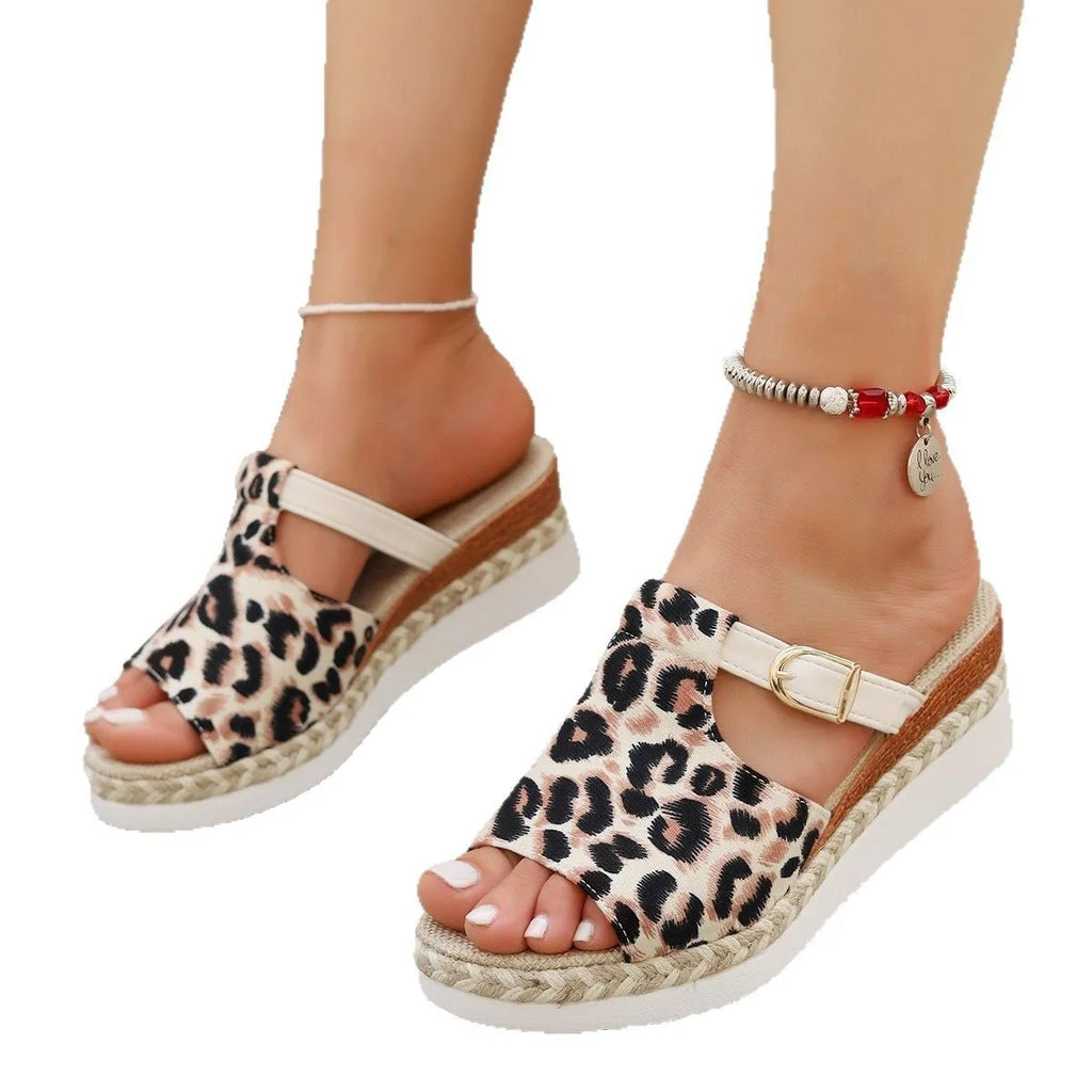 Leopard print women's wedge platform sandals with fish mouth open toe in beige.
