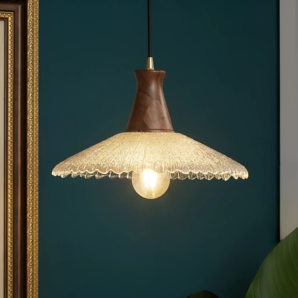 Retro style wooden and brass chandelier with glass shade ceiling lamp for restaurants.