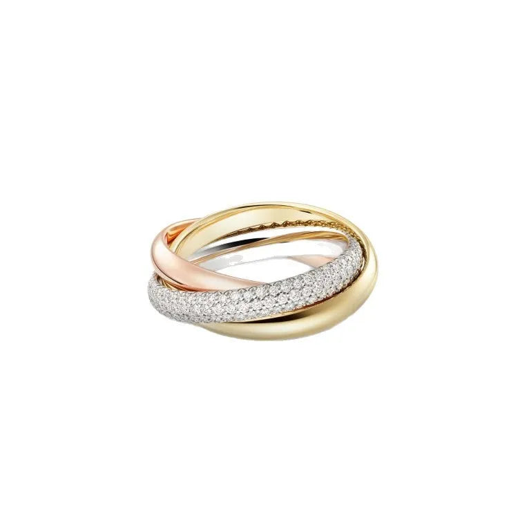 A pair of matching sterling silver U-shaped geometric couple rings with diamond accents on a black background.