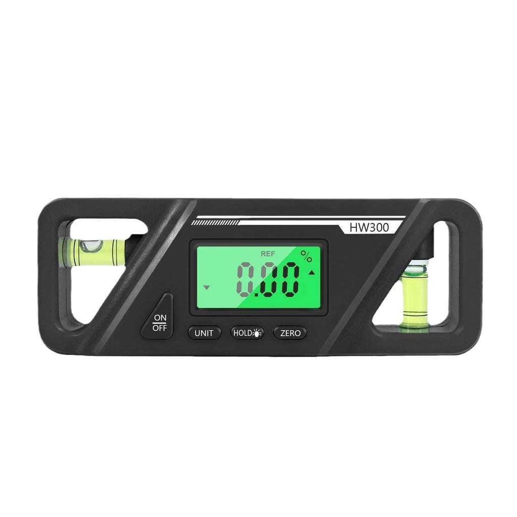 HW300 digital inclinometer level meter with magnetic base and LCD display showing angle reading.