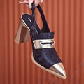 Black pointed toe high heel sandals with a chunky block heel and an elastic ankle strap.